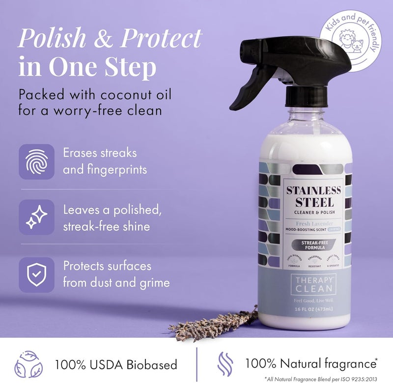 therapy Stainless Steel Cleaner and Polish 100% USDA Biobased, Fingerprint and Residue Remover, Lavender Essential Oil Scent, Sink Cleaner, Grill Spray - Image 3